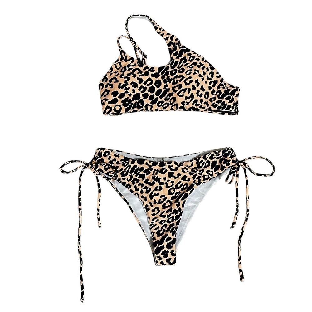 One Shoulder Animal Print High Waist Bikini Size M Beige Black Festival NWOT